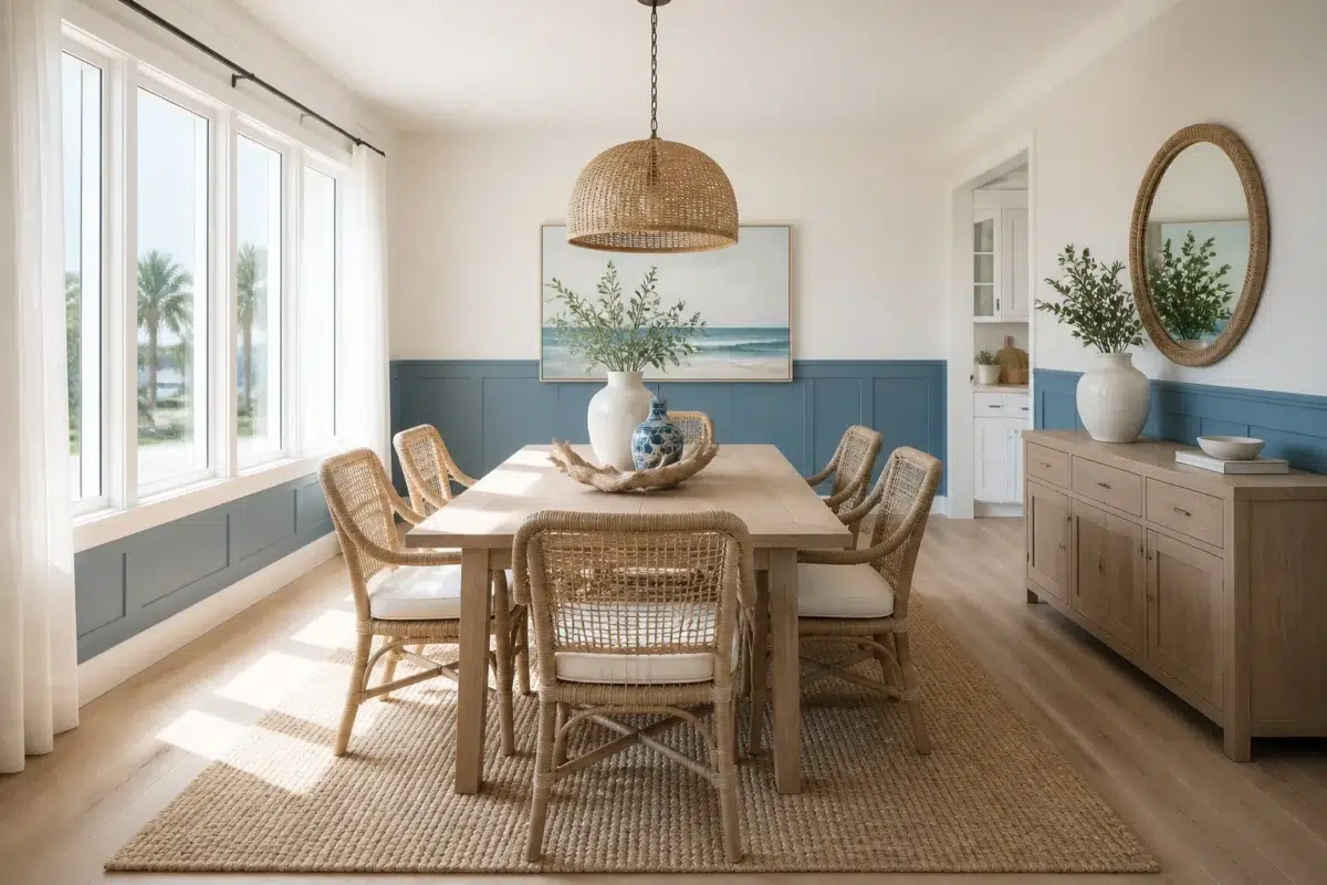 Coastal Dining Room with Blue Wainscoting — Adirondack Blue by Behr