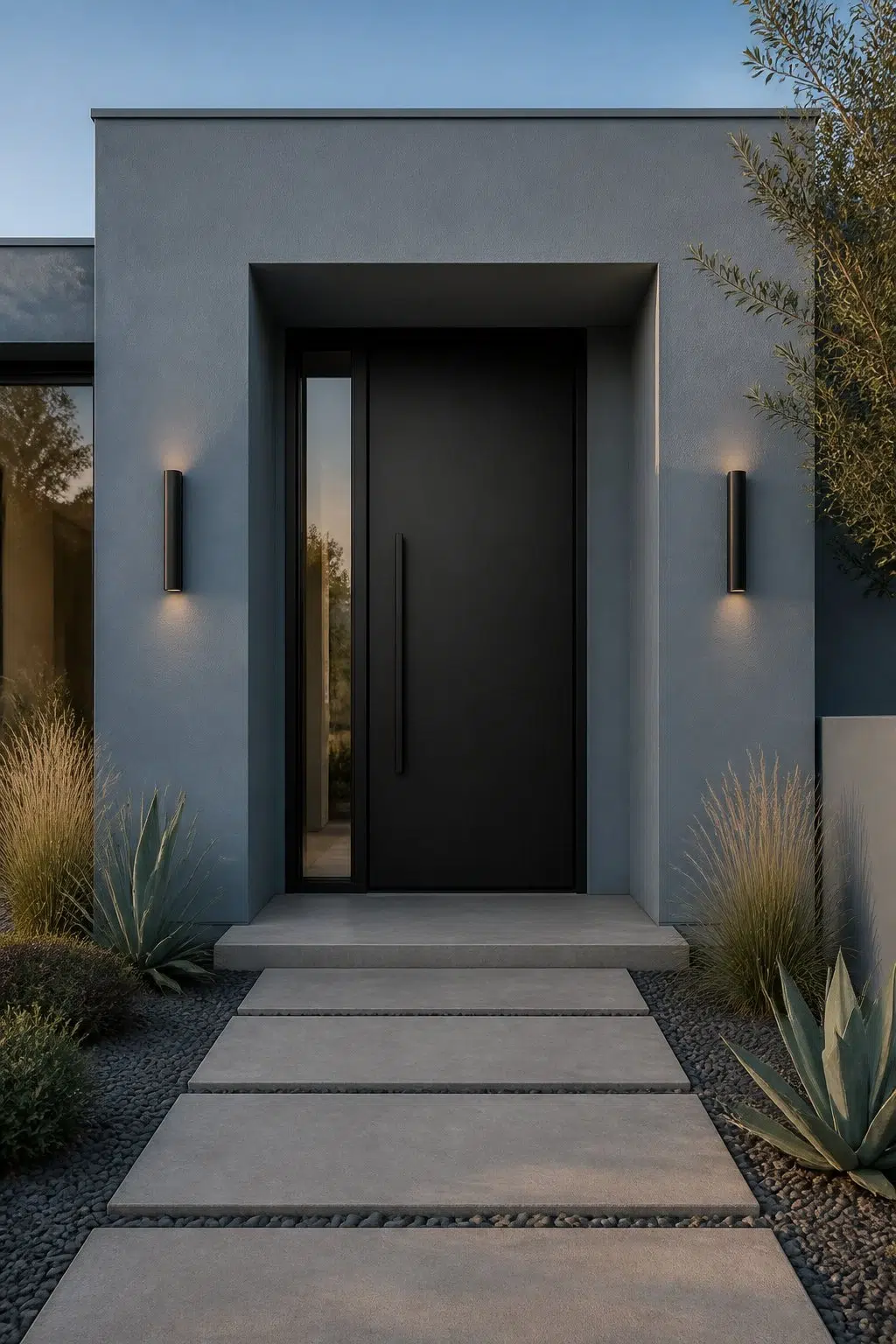 Modern Black Door with Blue Stucco Walls — Adirondack Blue by Behr