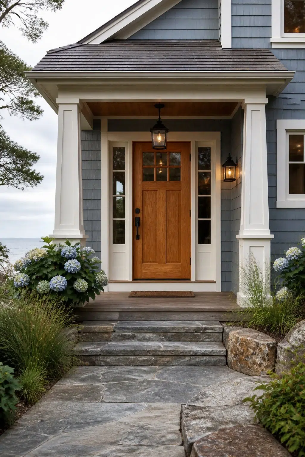 Natural Wood Door Against Blue Shingles — Adirondack Blue by Behr