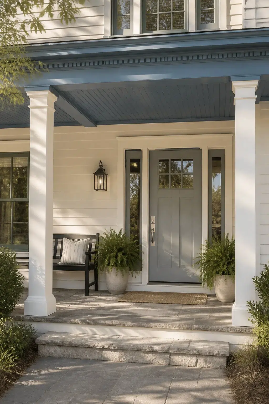 Blue Porch Ceiling with Soft Gray Door — Adirondack Blue by Behr