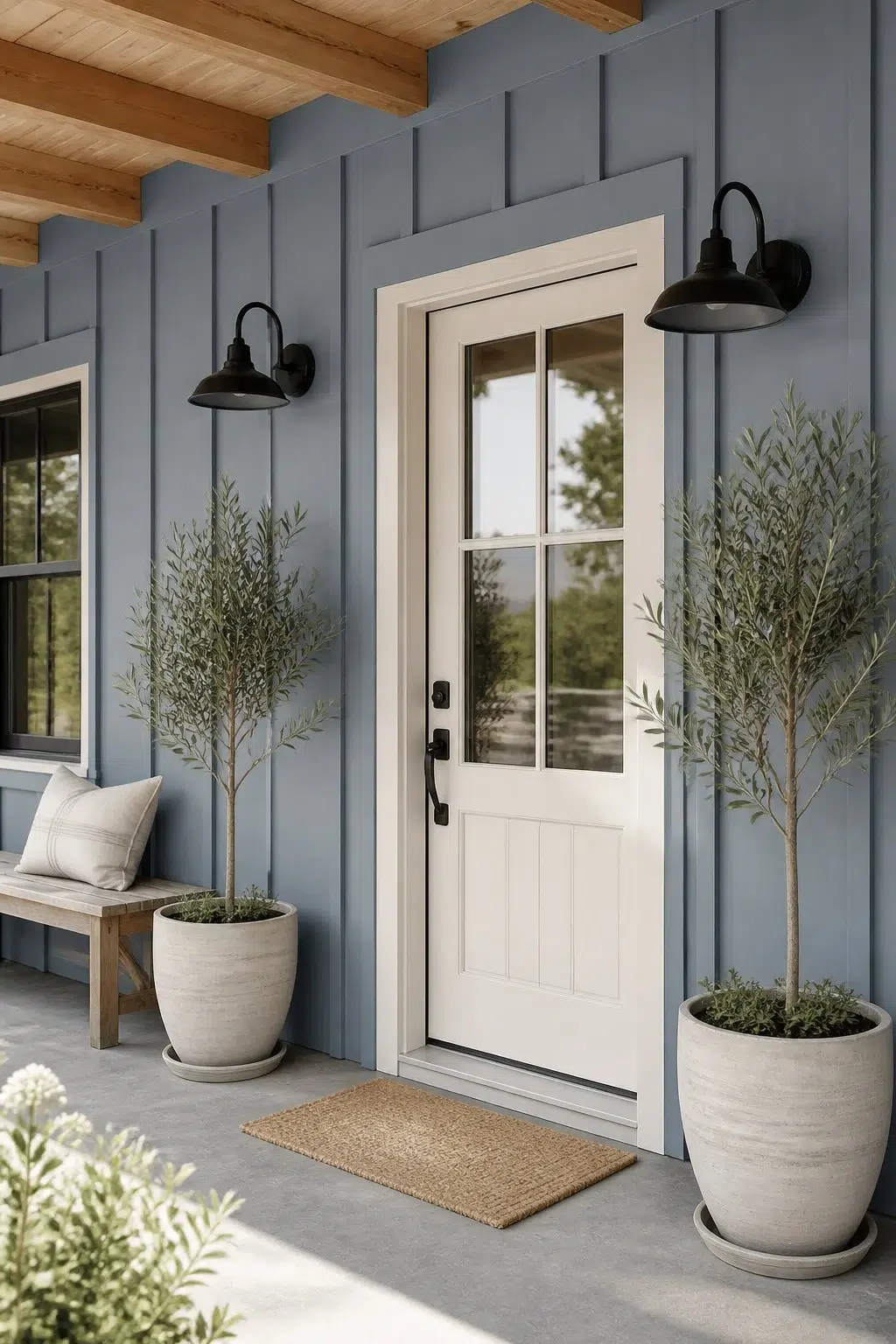 Farmhouse Entry with Blue Board-and-Batten — Adirondack Blue by Behr