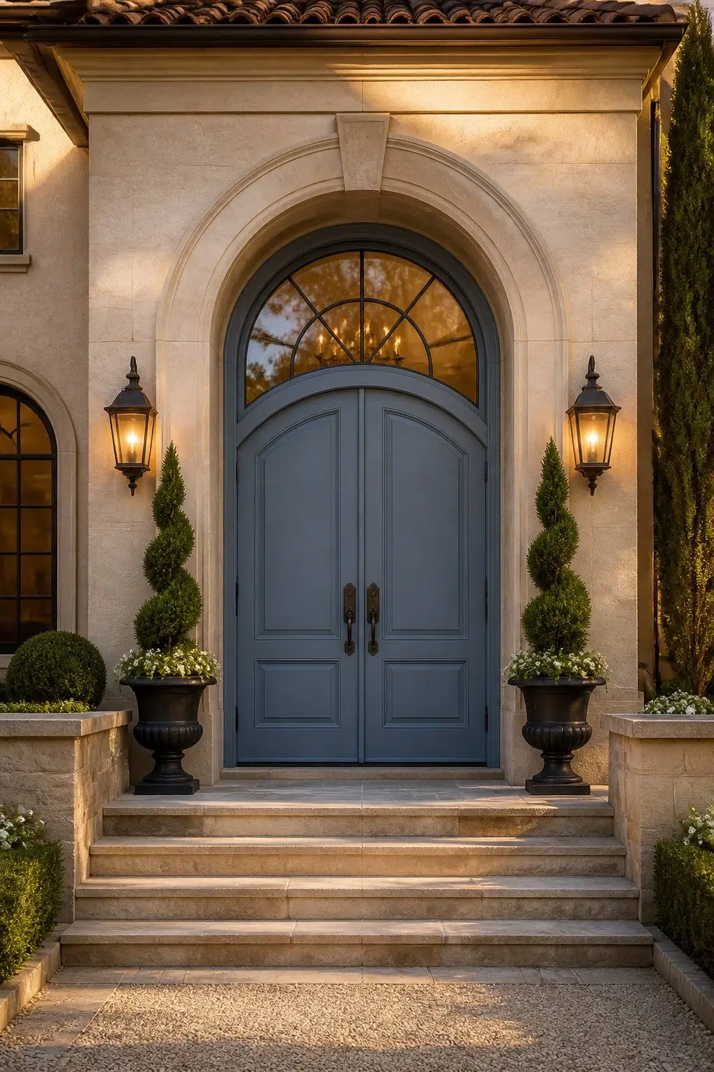 Arched Entryway with Blue Double Doors — Adirondack Blue by Behr