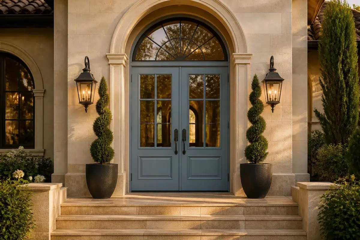 Arched Entryway with Blue Double Doors — Adirondack Blue by Behr