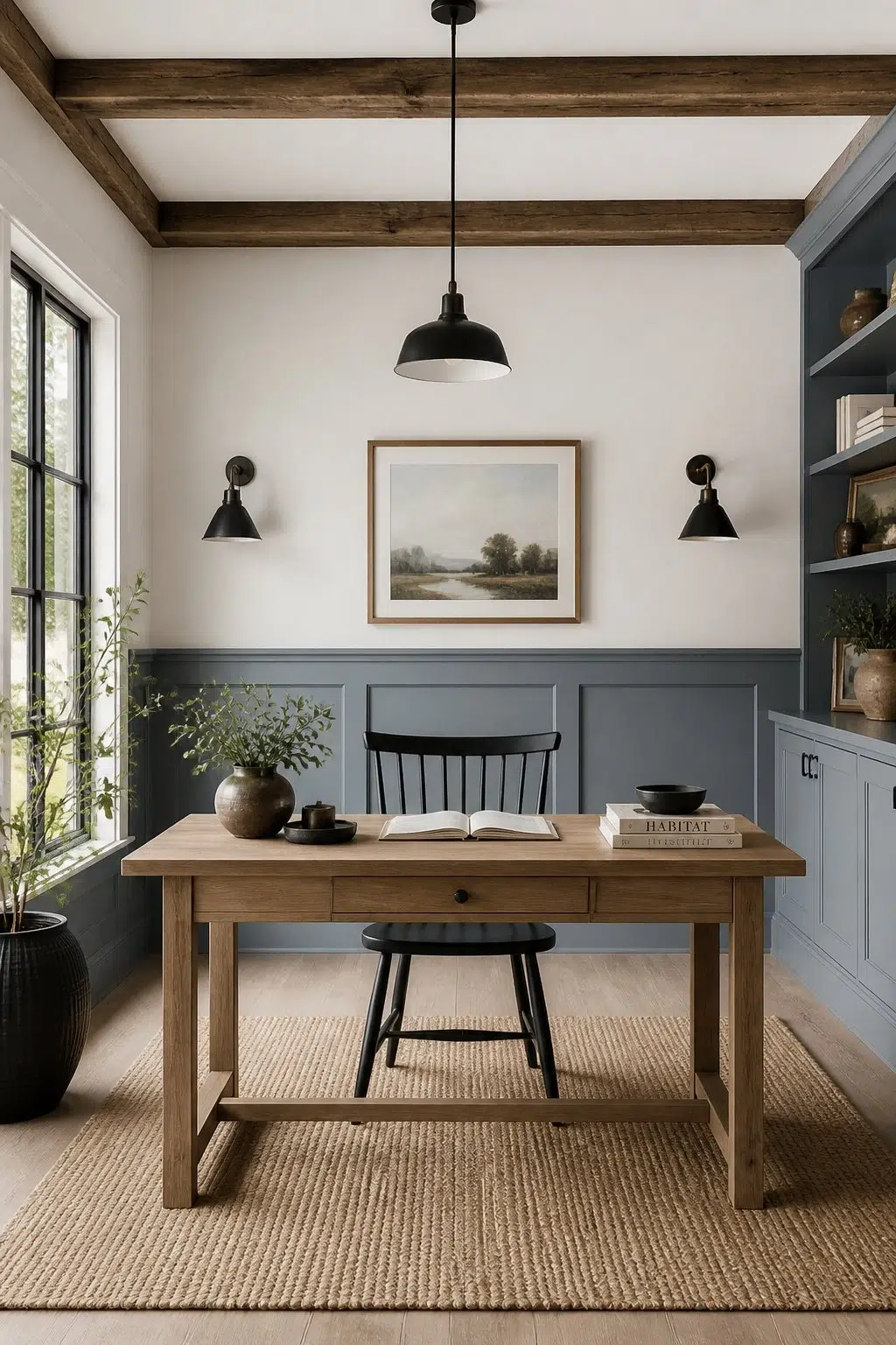 Modern Farmhouse Office with Blue Paneling — Adirondack Blue by Behr