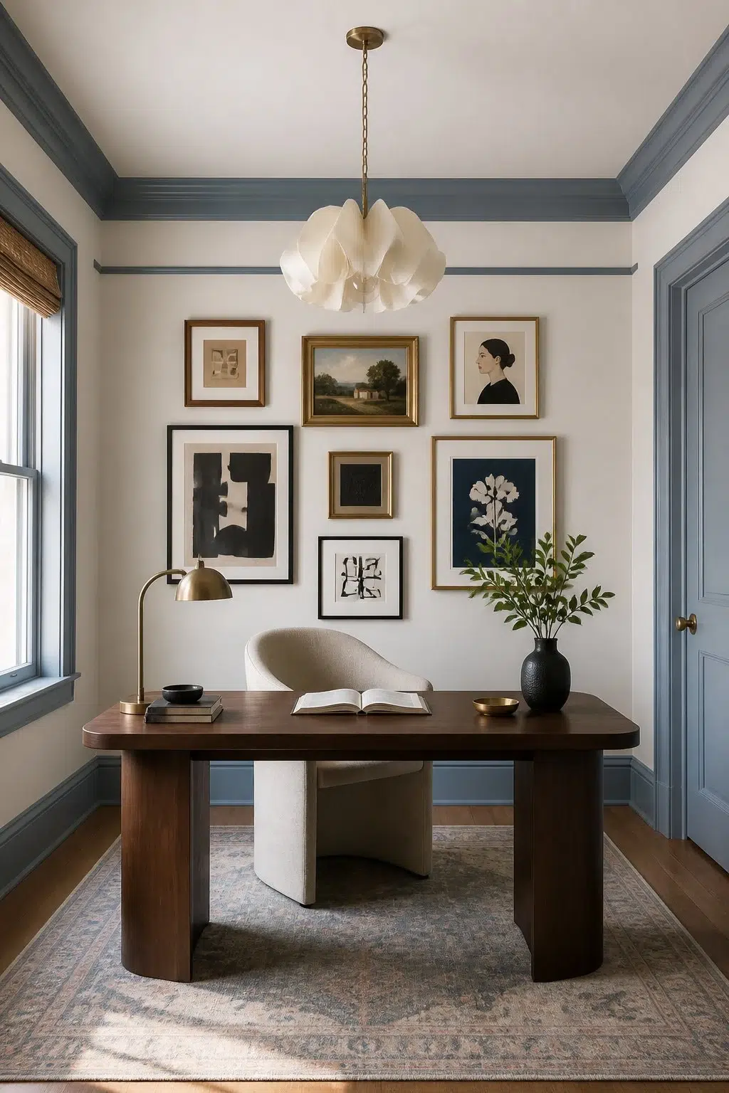 Art-Focused Office with Blue Trim Details — Adirondack Blue by Behr