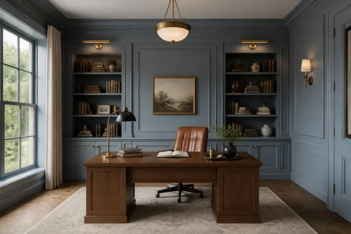 Library-Style Home Office — Adirondack Blue by Behr
