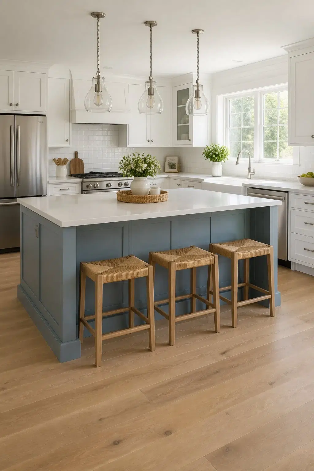 Classic White Kitchen with a Blue Island — Adirondack Blue by Behr
