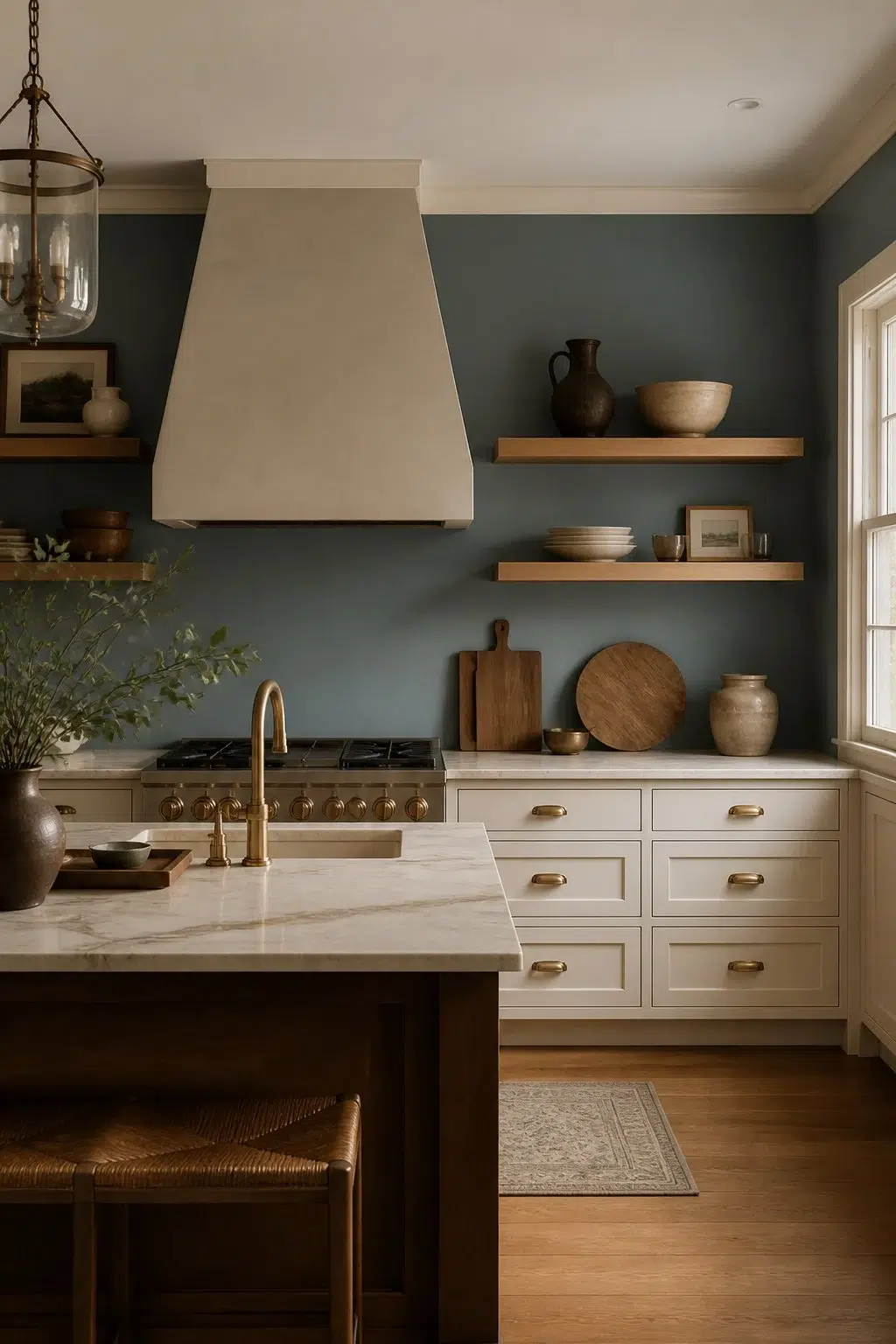 Moody Blue Walls with Warm Wood Accents — Adirondack Blue by Behr