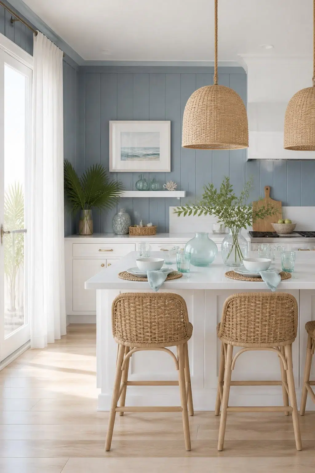 Coastal Kitchen with Blue Beadboard Walls — Adirondack Blue by Behr