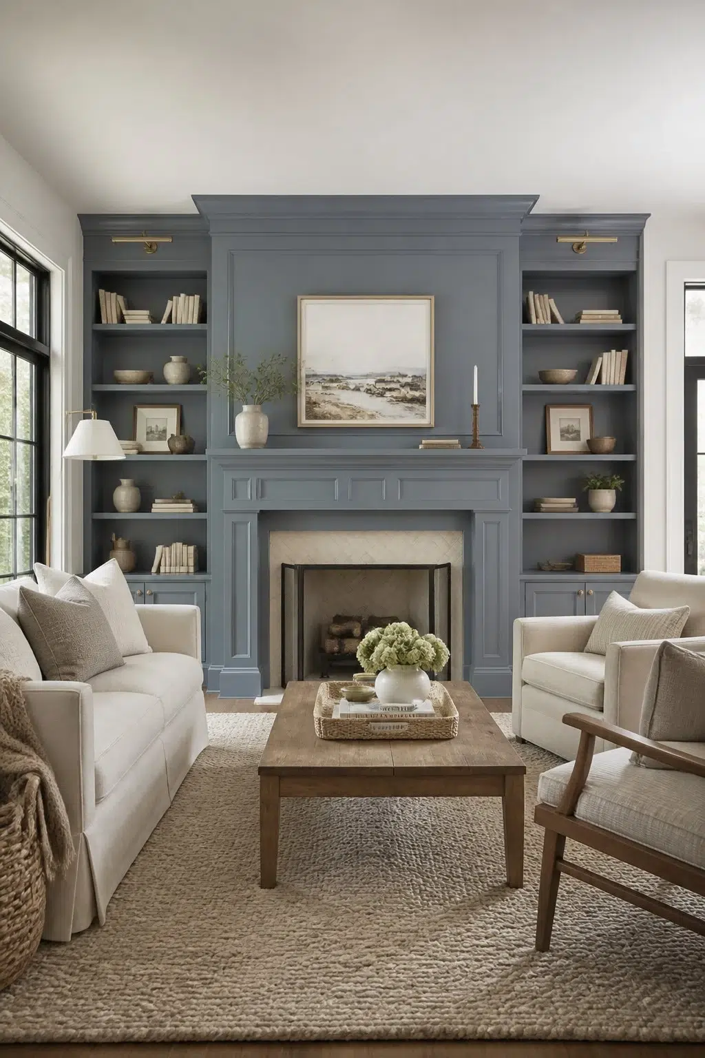 Blue Built-Ins and Fireplace Focus — Adirondack Blue by Behr