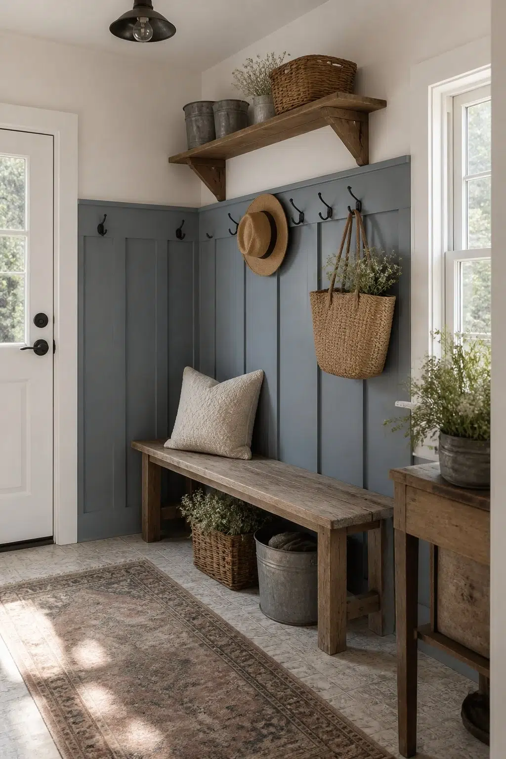 Farmhouse Bench and Board-and-Batten — Adirondack Blue by Behr