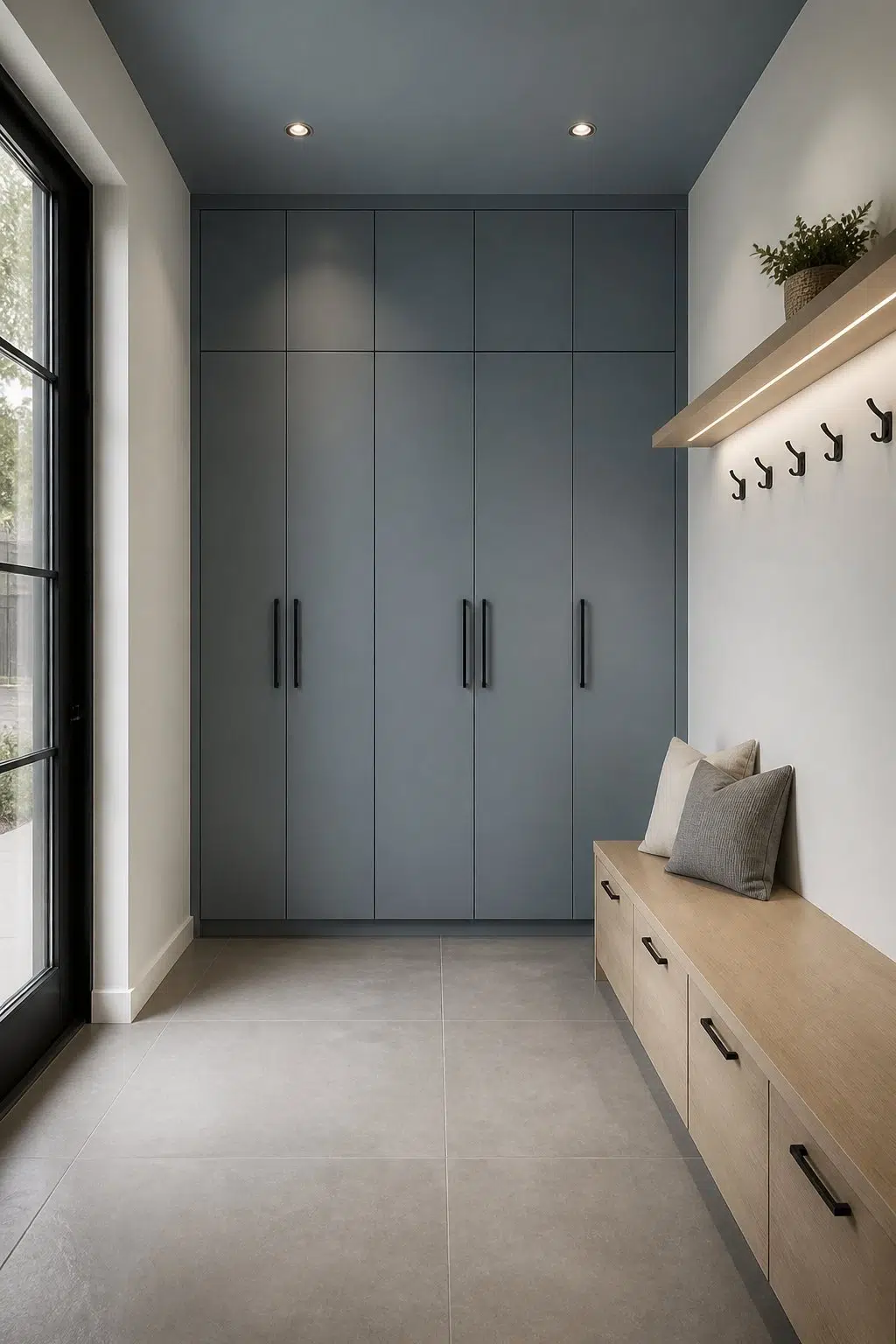 Modern Mudroom With Blue Ceiling — Adirondack Blue by Behr