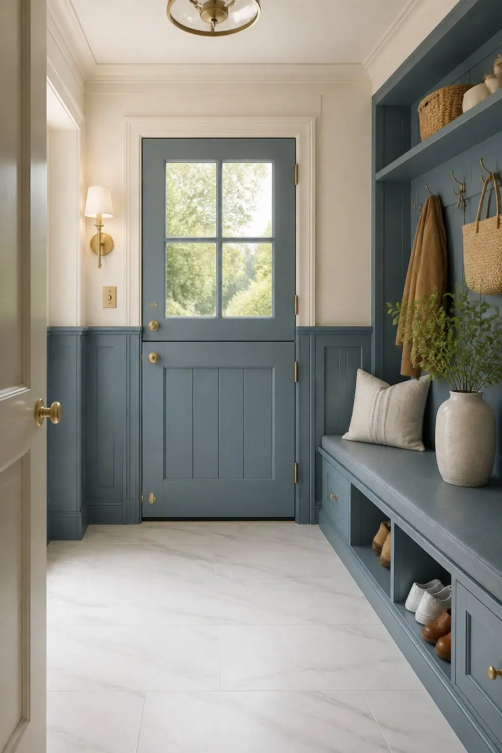 Elegant Mudroom With Blue Dutch Door — Adirondack Blue by Behr
