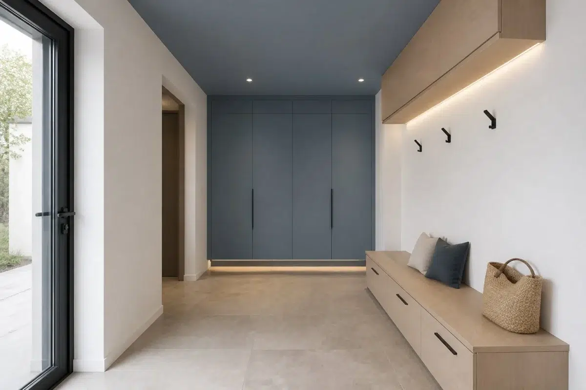 Modern Mudroom With Blue Ceiling — Adirondack Blue by Behr