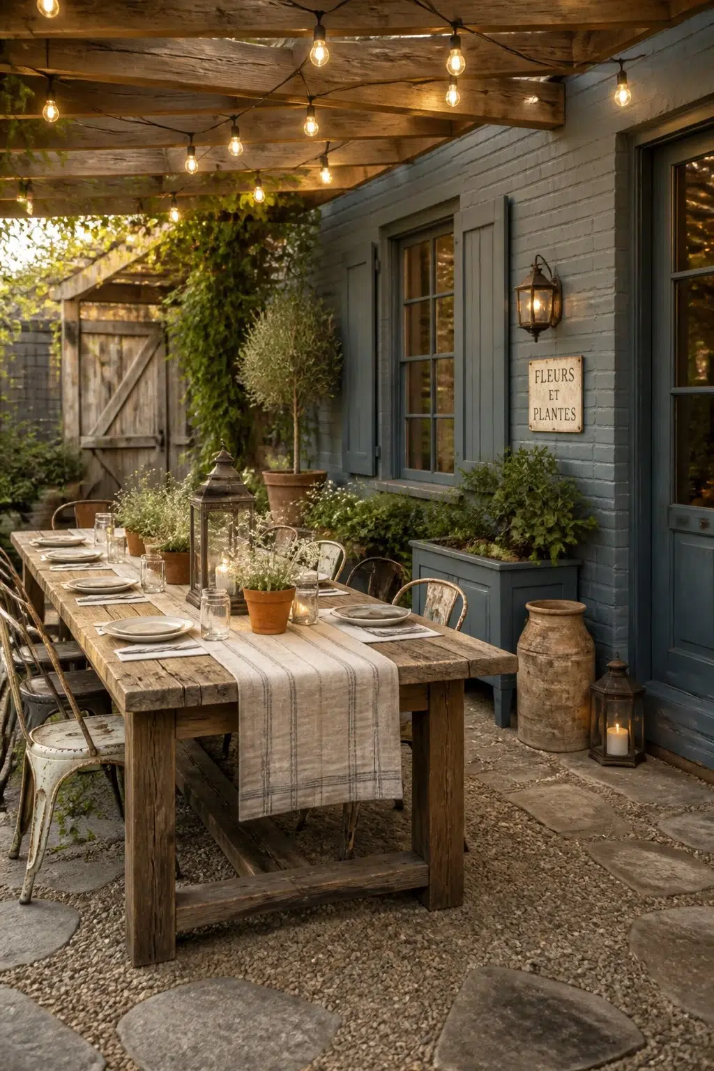Rustic Pergola Gathering Space — Adirondack Blue by Behr