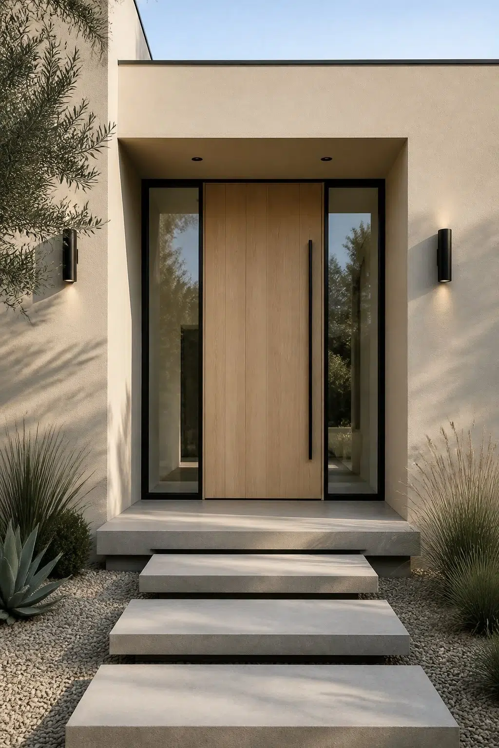 Modern Oak Door and Beige Stucco Entry — Aged Beige by Behr