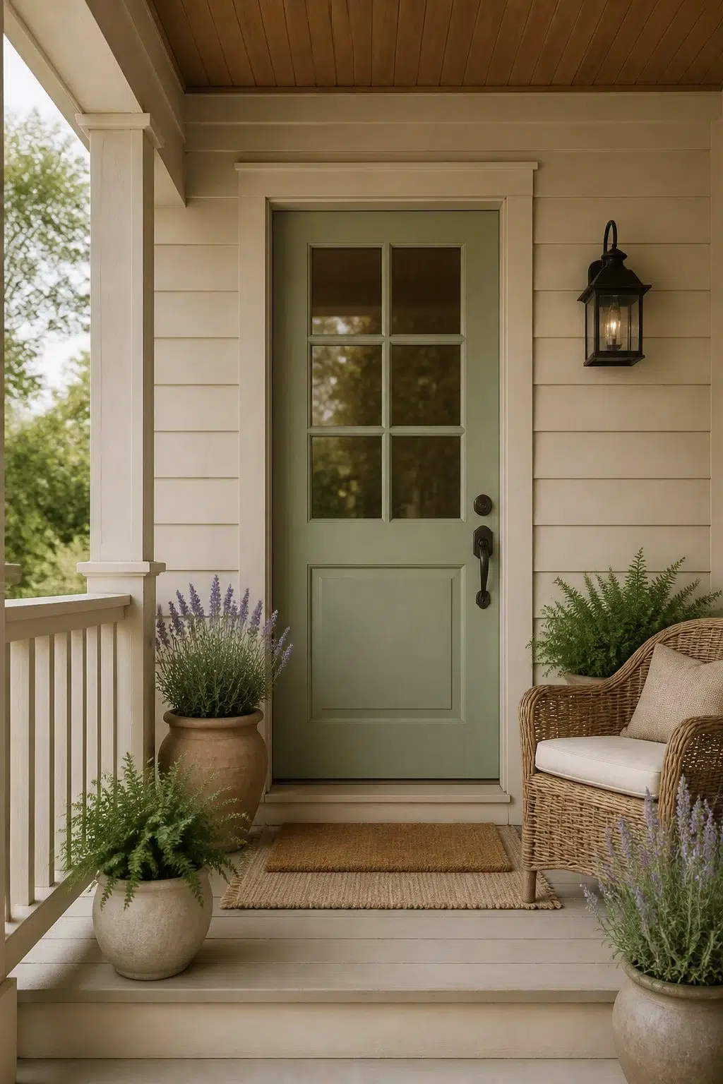 Sage Green Door with Cozy Beige Porch — Aged Beige by Behr