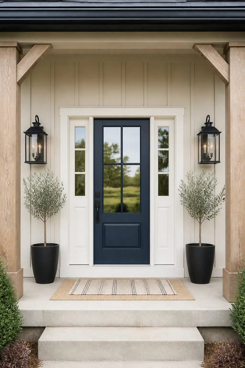 Navy Door with Beige Board and Batten — Aged Beige by Behr