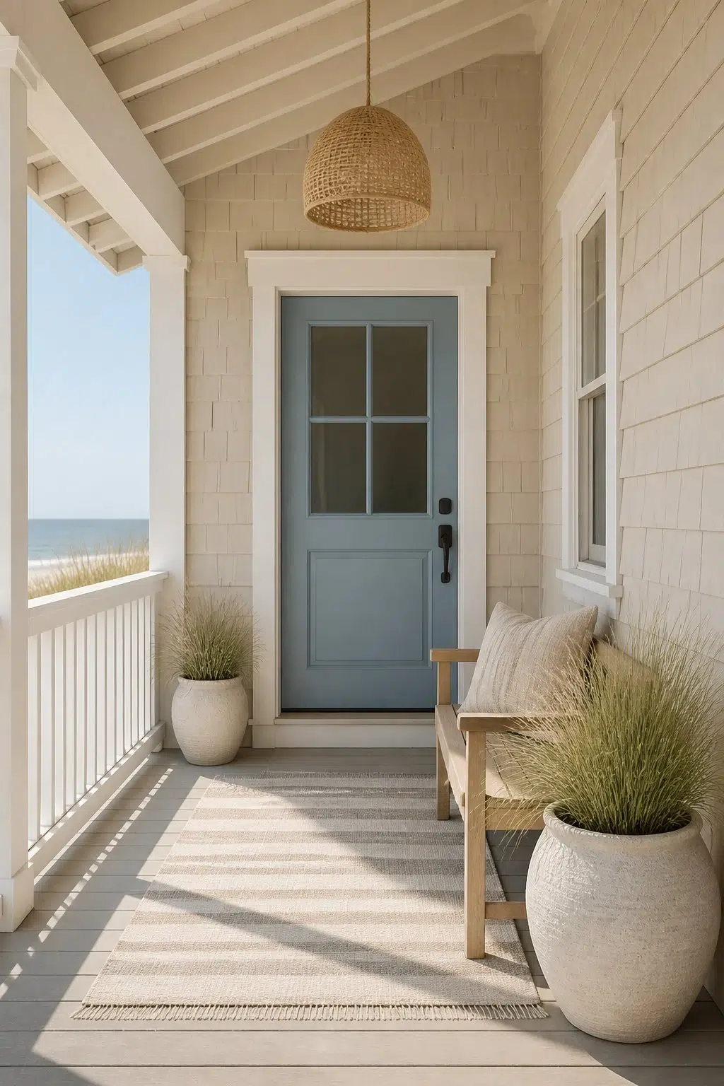 Soft Blue Door and Beige Coastal Entry — Aged Beige by Behr