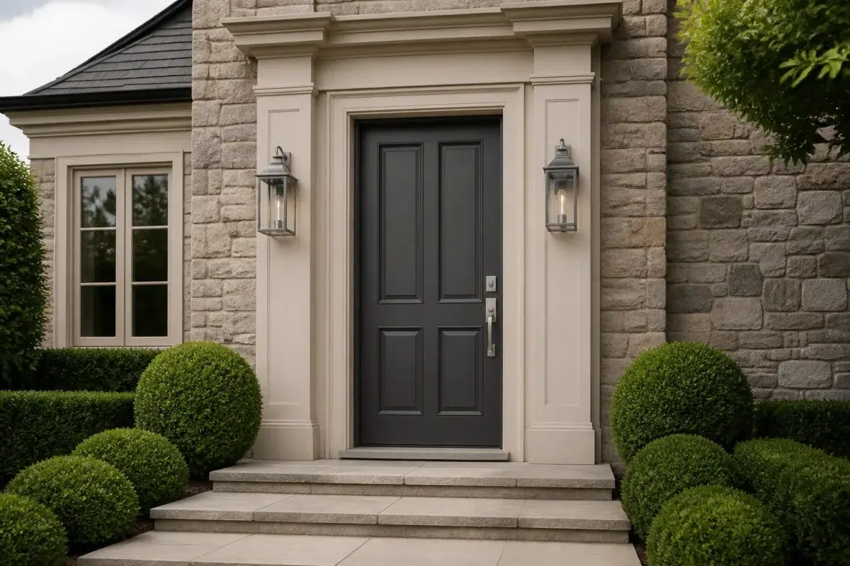 Charcoal Door with Beige Stone Surround — Aged Beige by Behr