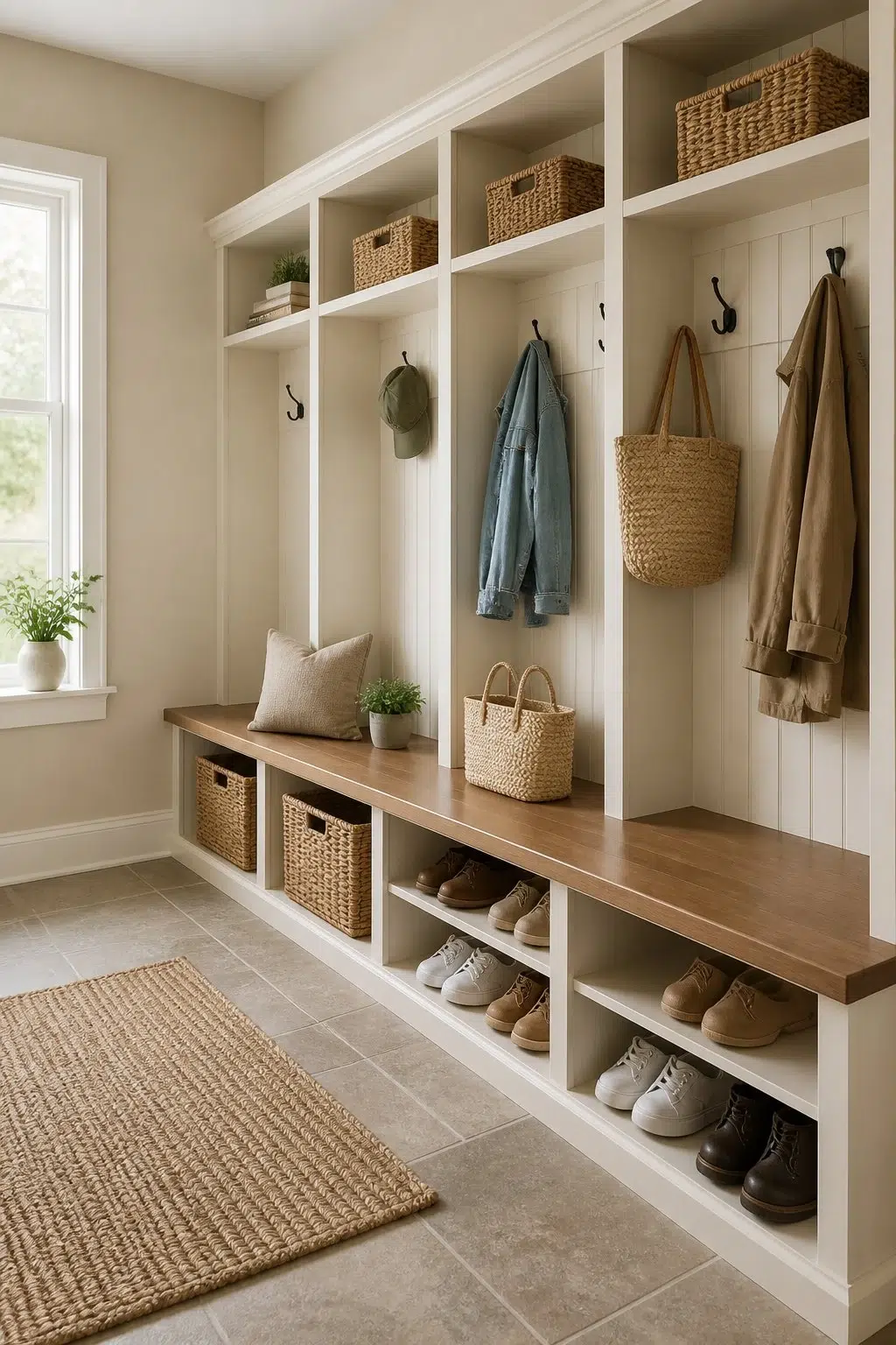 Classic Bench-and-Cubbies Entry — Aged Beige by Behr