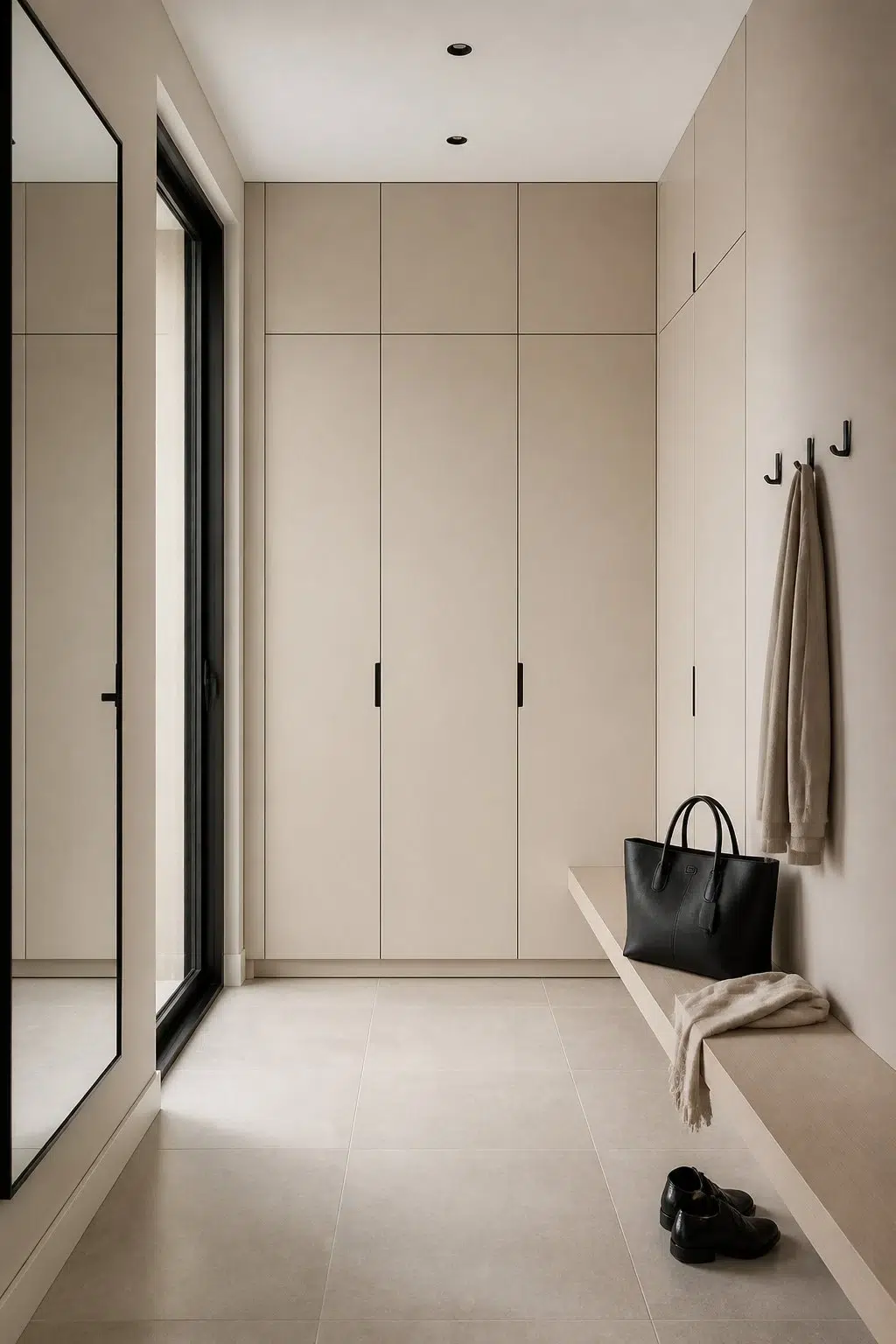 Modern Mudroom with Beige Cabinetry — Aged Beige by Behr