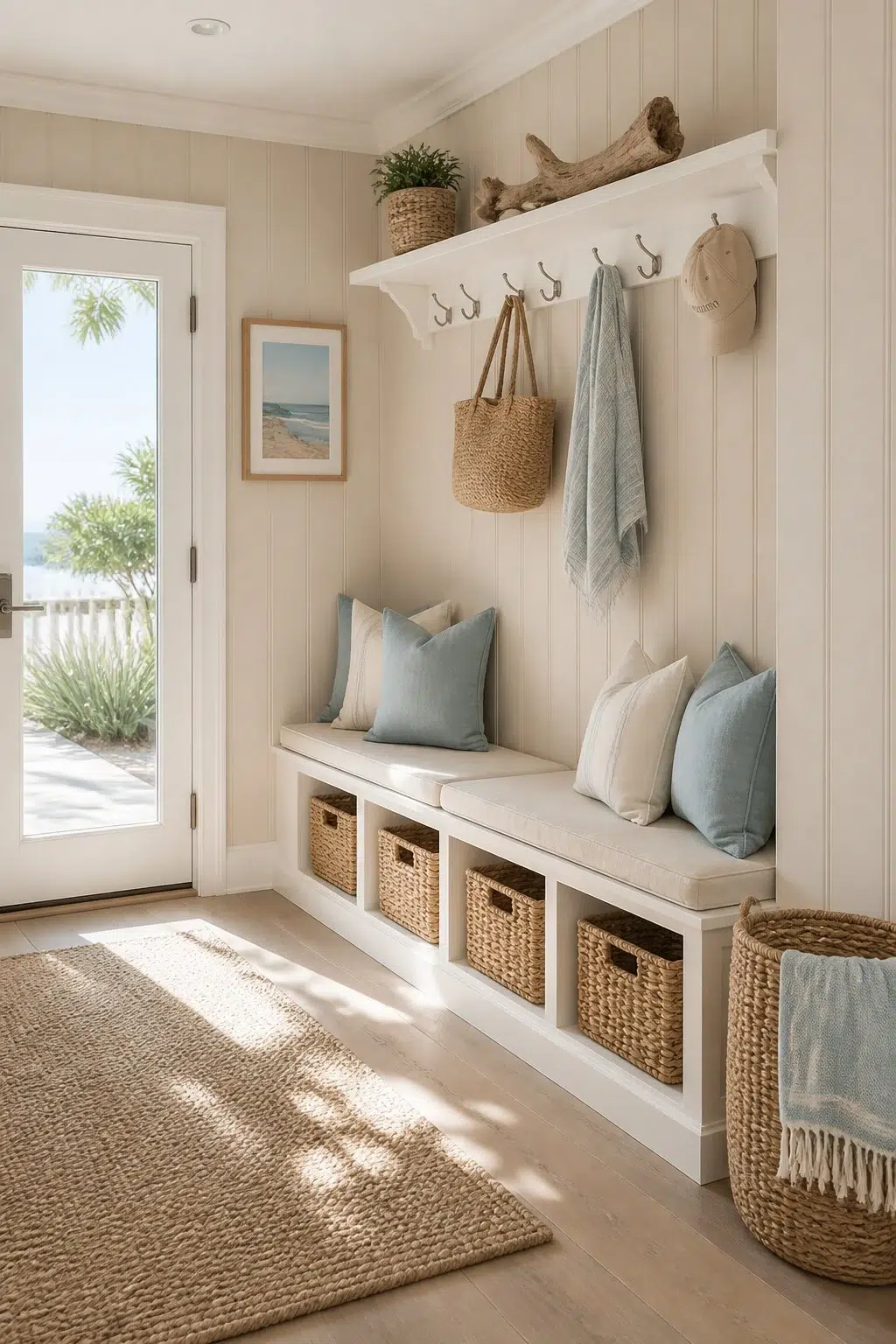 Coastal Mudroom with Soft Beige Walls — Aged Beige by Behr