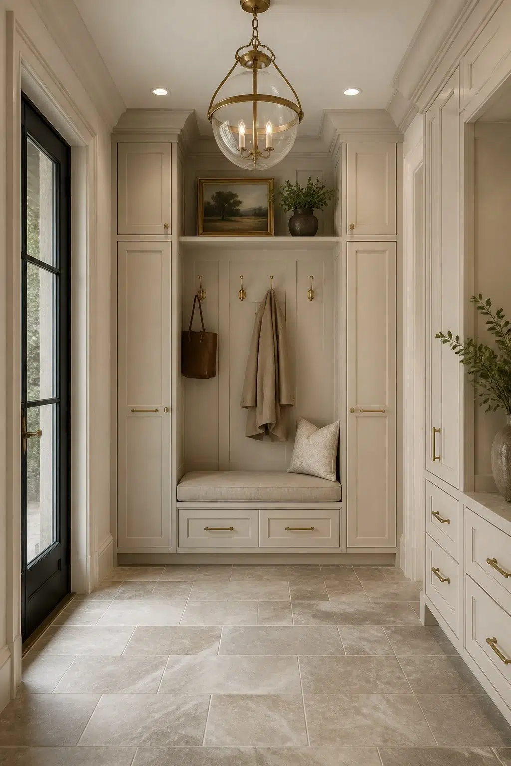 Luxury Mudroom with Beige Paneling — Aged Beige by Behr