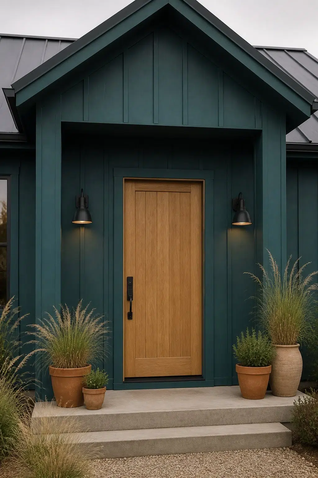 Natural Wood Door with Deep Blue Siding — Ocean Abyss by Behr