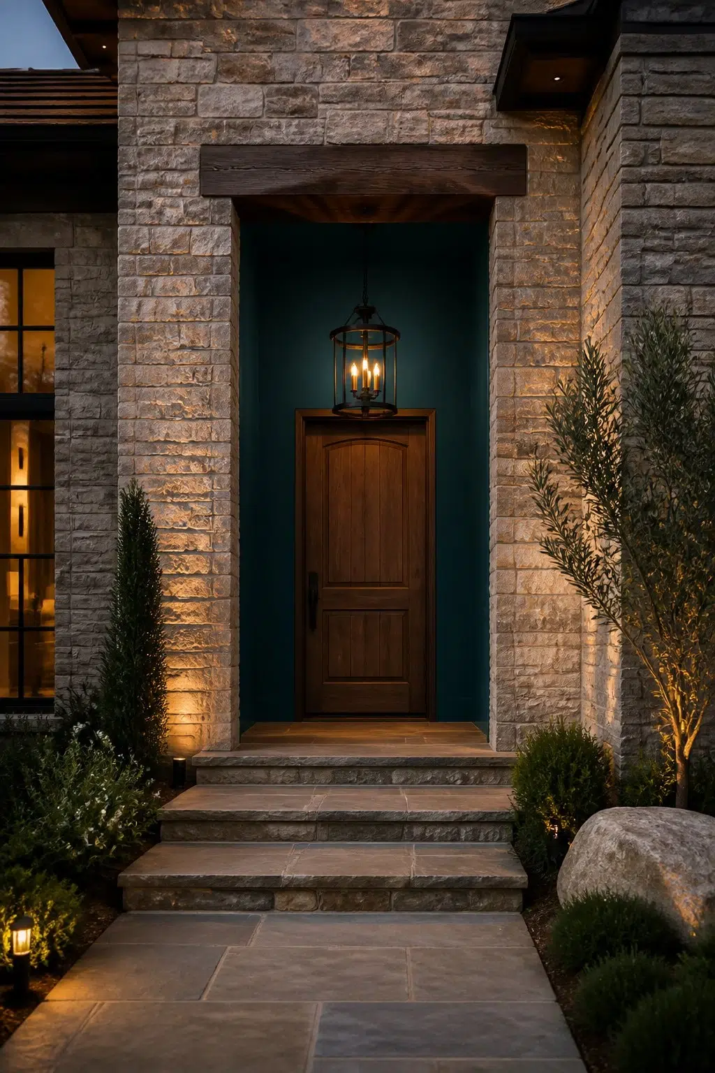 Stone Entry with Ocean Abyss Accent Wall — Ocean Abyss by Behr