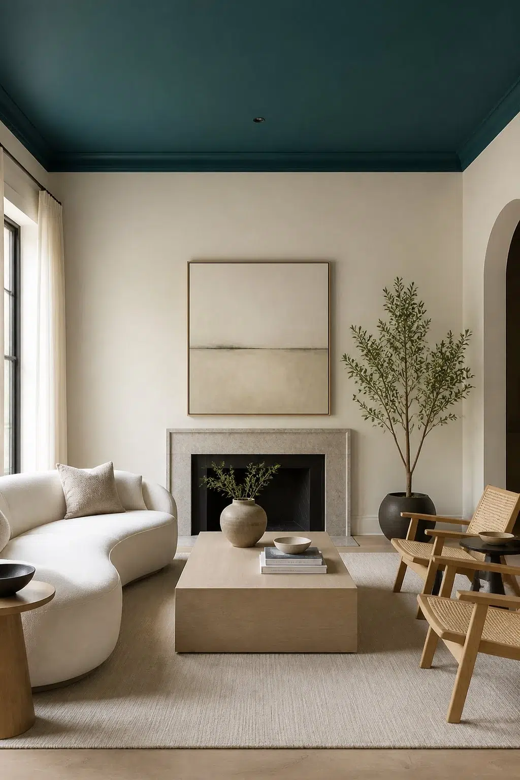 Soft Minimalism With Blue Ceiling Detail — Ocean Abyss by Behr
