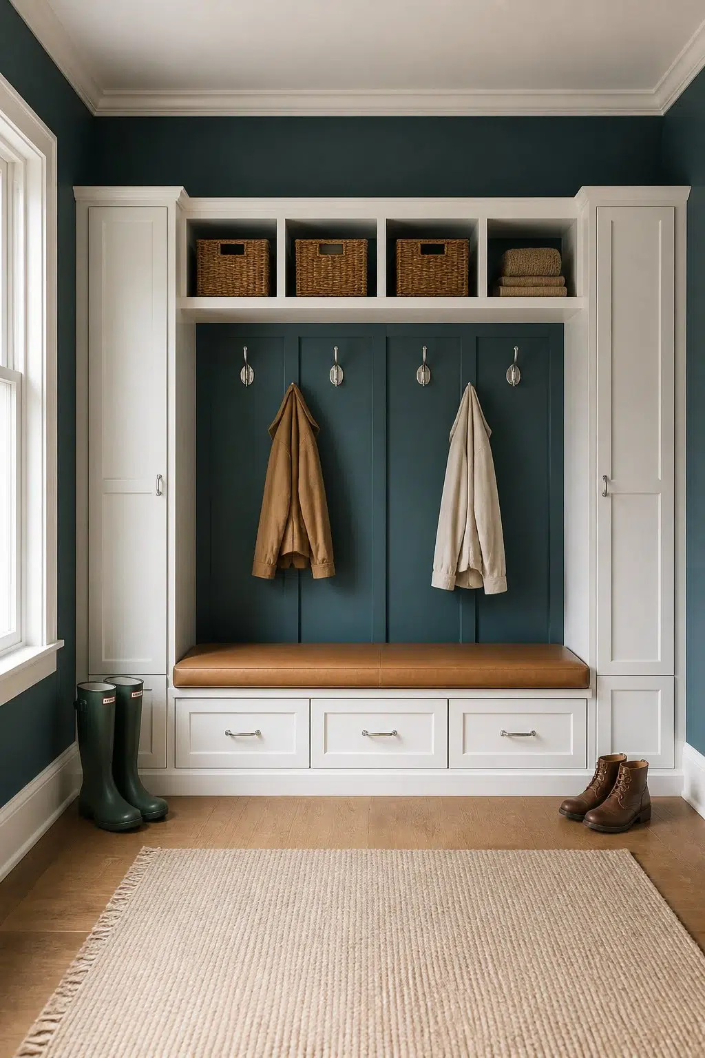 Classic Built-In Bench Mudroom — Ocean Abyss by Behr