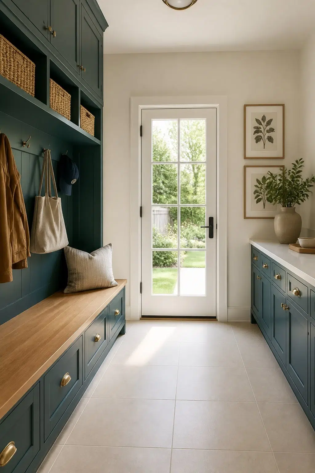 Two-Tone Mudroom With Deep Blue Lower Cabinets — Ocean Abyss by Behr