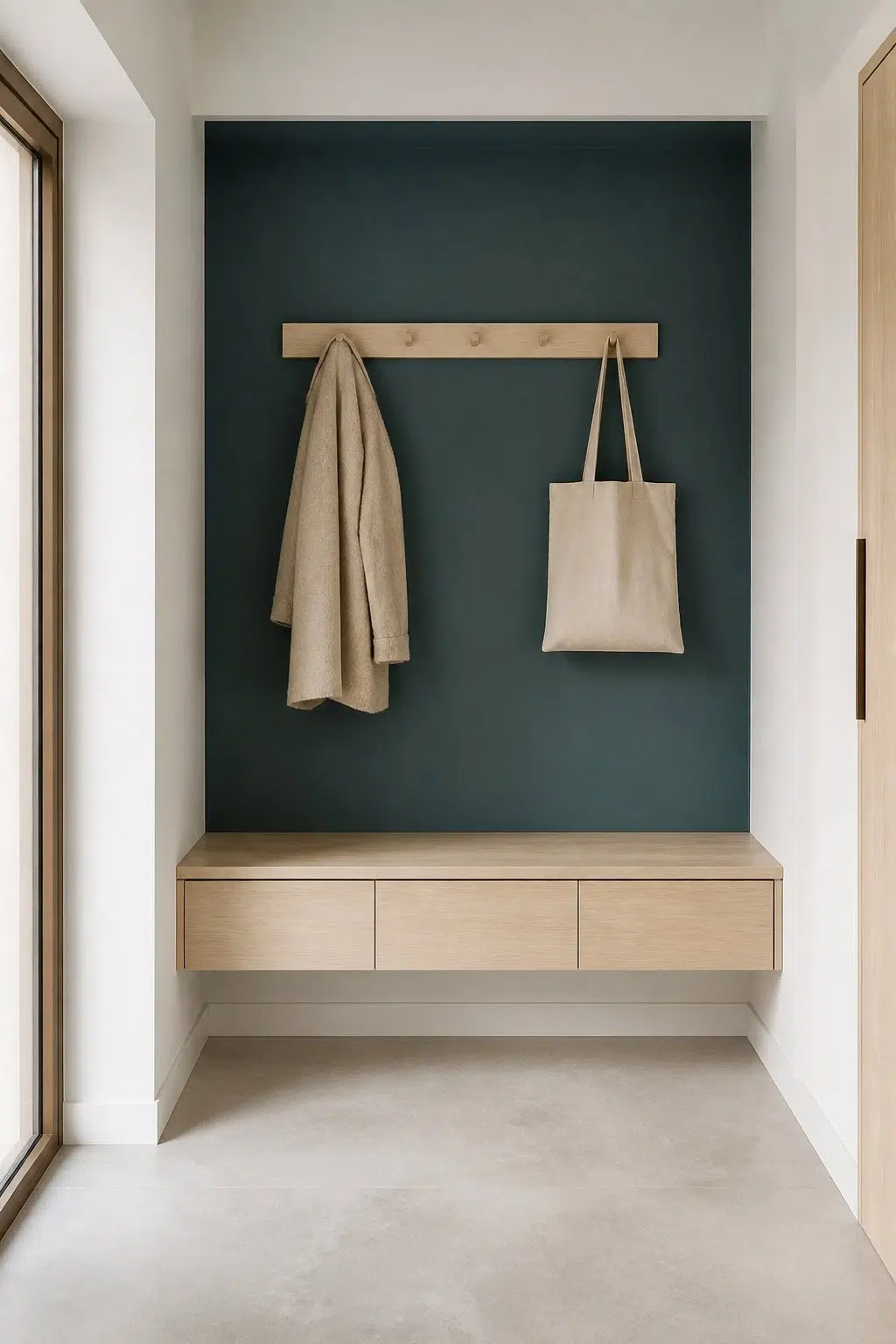 Scandinavian Mudroom With Blue Accent Niche — Ocean Abyss by Behr