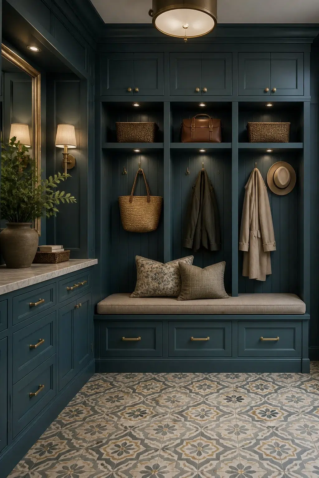 Luxury Mudroom With Patterned Tile and Blue Millwork — Ocean Abyss by Behr