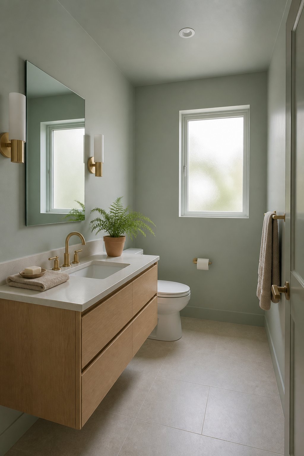 A serene small bathroom with gray-green walls and ceiling, a light wood vanity, brass fixtures, a white toilet, a frameless mirror, linen towels, and a potted fern.