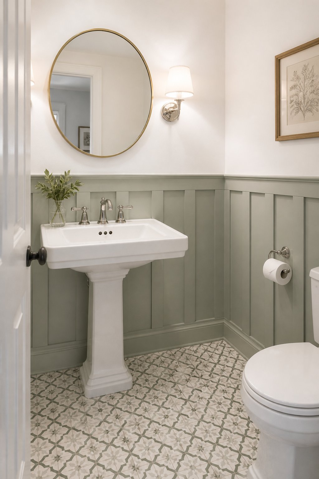 Traditional powder room with gray-green board-and-batten walls, a white pedestal sink, round mirror, wall sconce, patterned tile floor, and framed artwork.