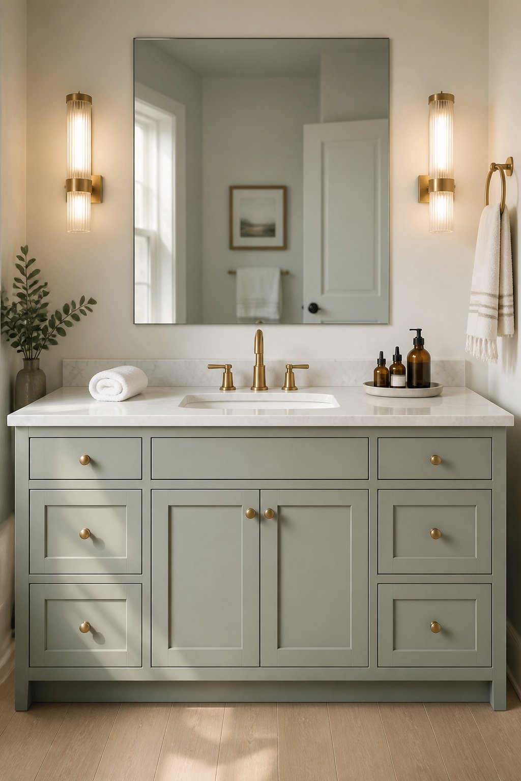 A transitional bathroom with a muted gray-green vanity, white countertop, brass fixtures, large mirror, sconces, and light wood flooring.