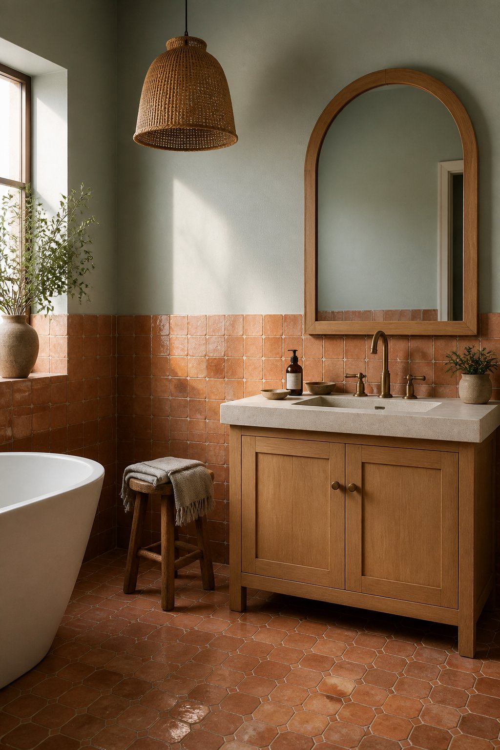 A sunlit bathroom with muted green walls, terracotta tiles, an arched mirror, a rattan pendant light, brass faucet, and wooden stool.
