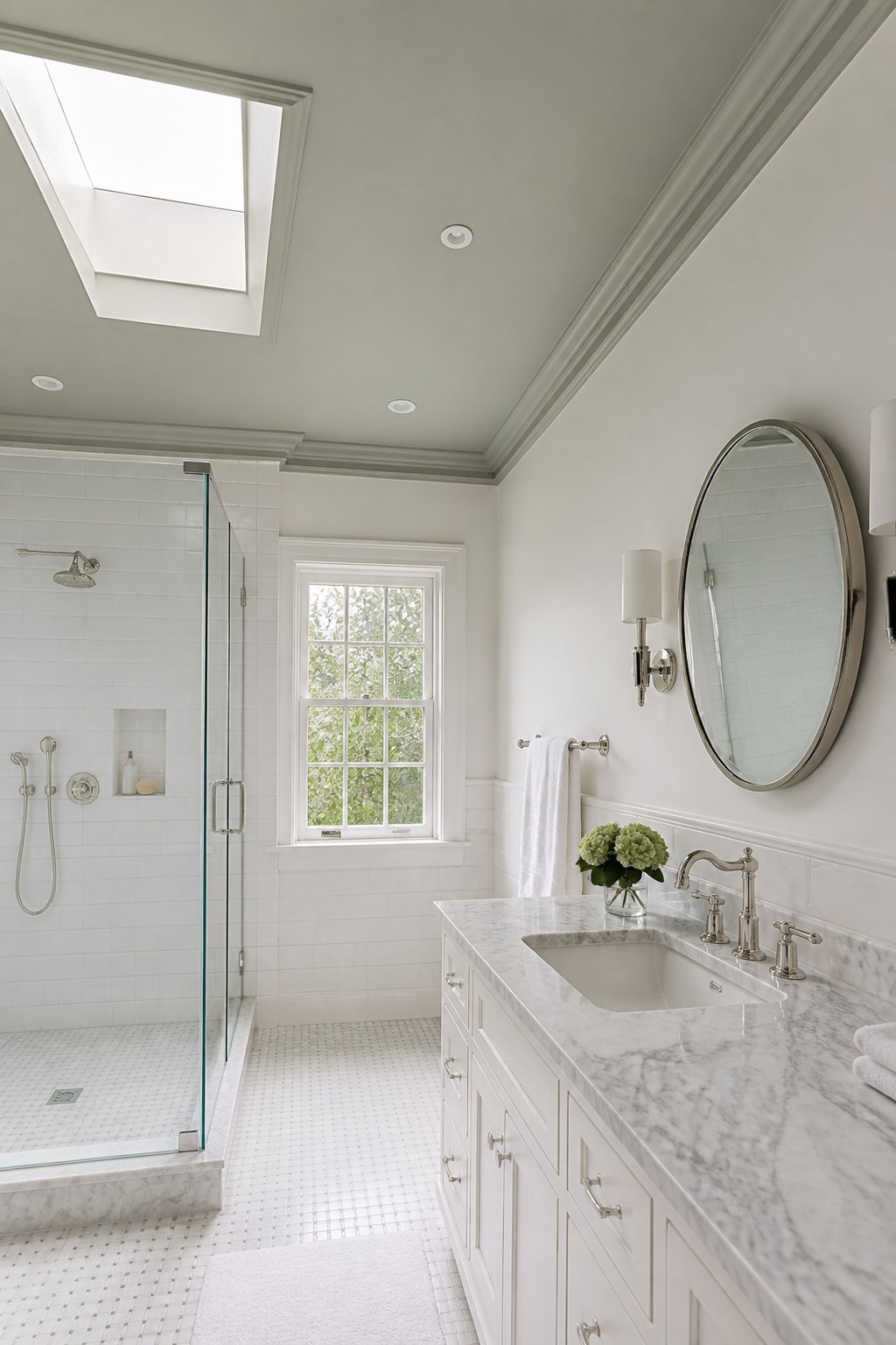 A bright white bathroom with a muted gray-green ceiling, marble vanity, round mirror, glass shower, and natural daylight.