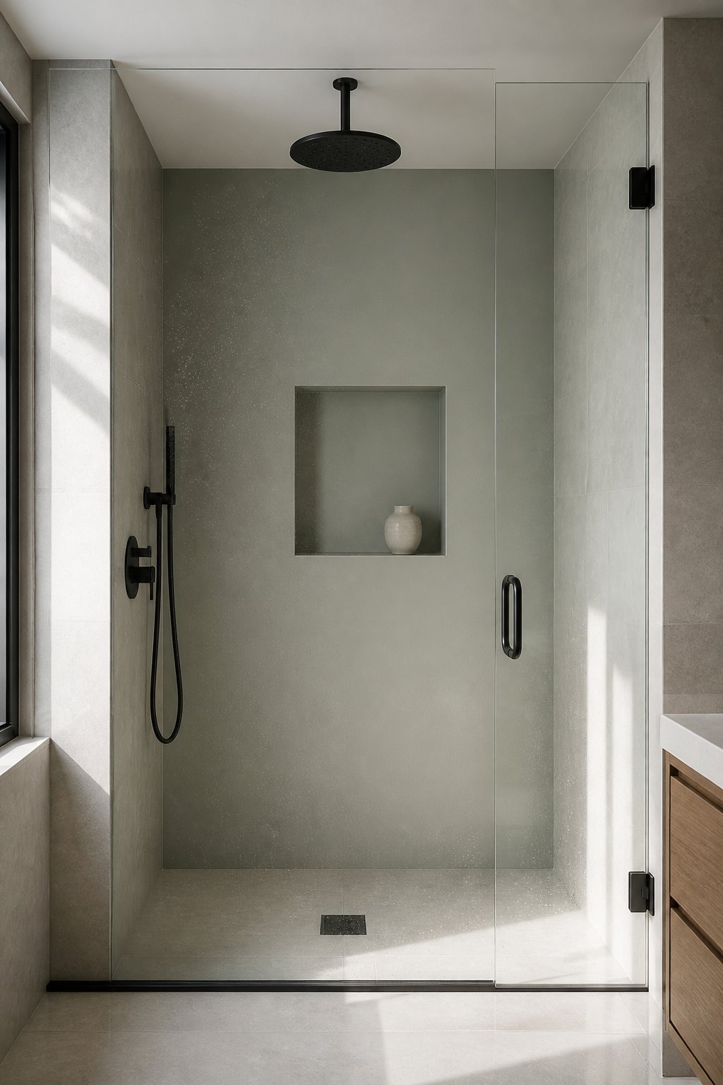 A modern walk-in shower with gray-green walls, pale gray tile, black fixtures, a recessed niche, and water droplets on the glass.