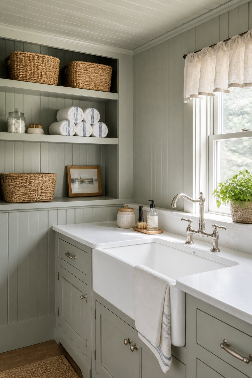 A bright cottage bathroom with gray-green beadboard walls and ceiling, open shelves with baskets and towels, a white farmhouse sink, and a window with a linen valance.