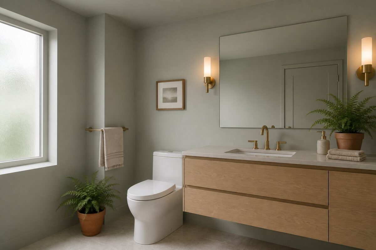 A calm bathroom with gray-green walls, a light oak vanity, brass fixtures, a white toilet, a frameless mirror, linen towels, and a potted fern.