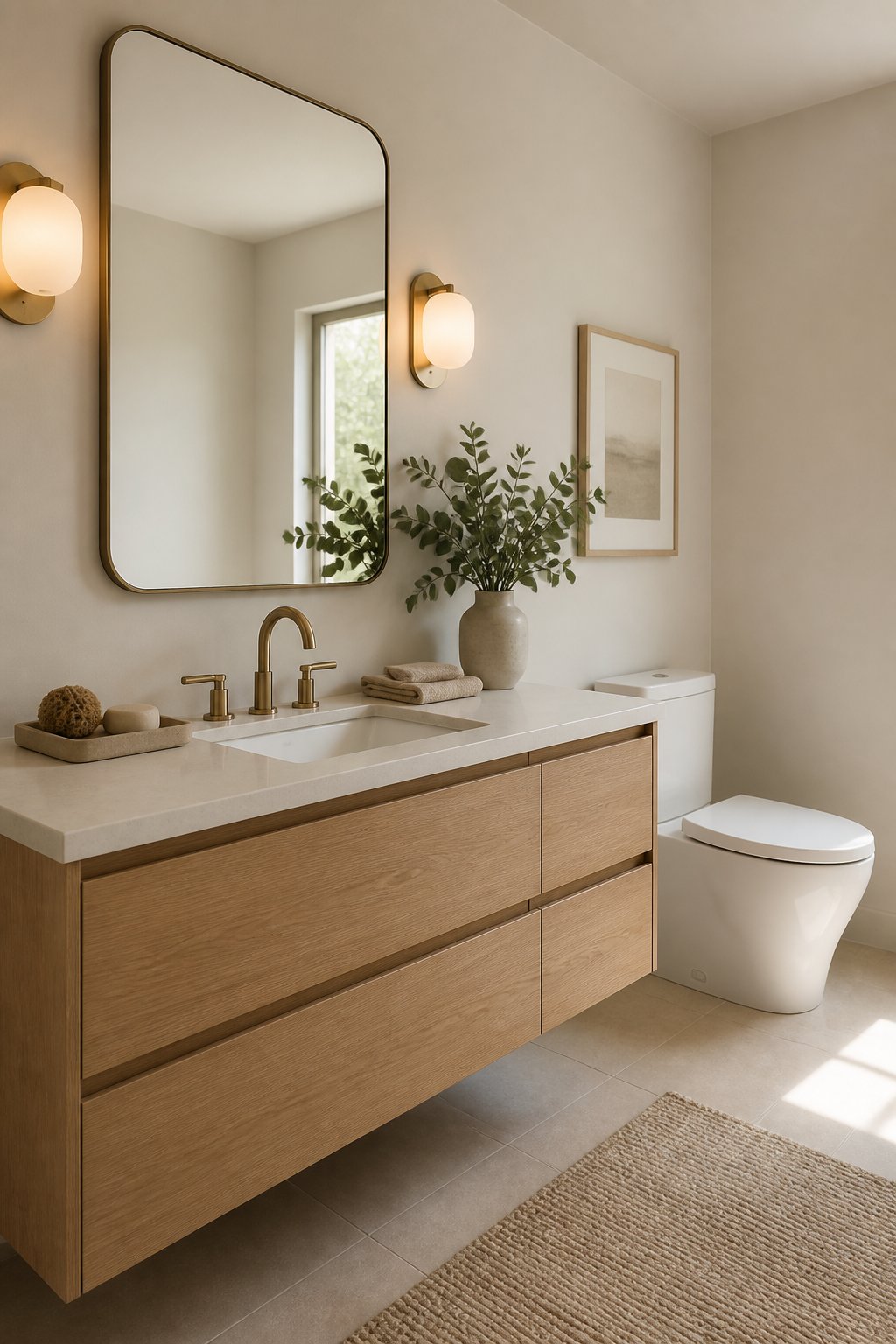 Serene bathroom with warm white walls, a light oak floating vanity, brass fixtures, linen towels, and eucalyptus.