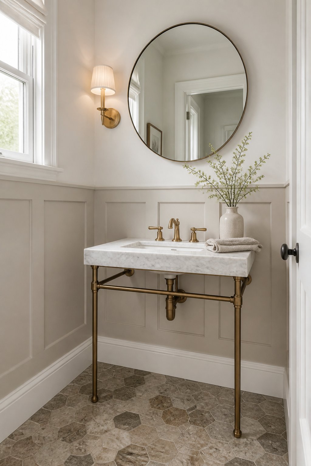 A bright powder room with beige board-and-batten walls, a marble console sink, round mirror, brass faucet, wall sconce, and patterned stone floor.