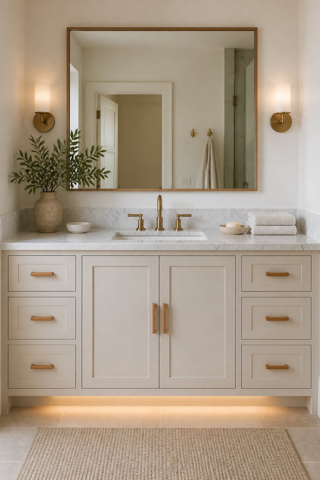 A transitional bathroom with a light-colored Shaker vanity, marble countertop, wide mirror, brass faucet, towels, and a soap dish.