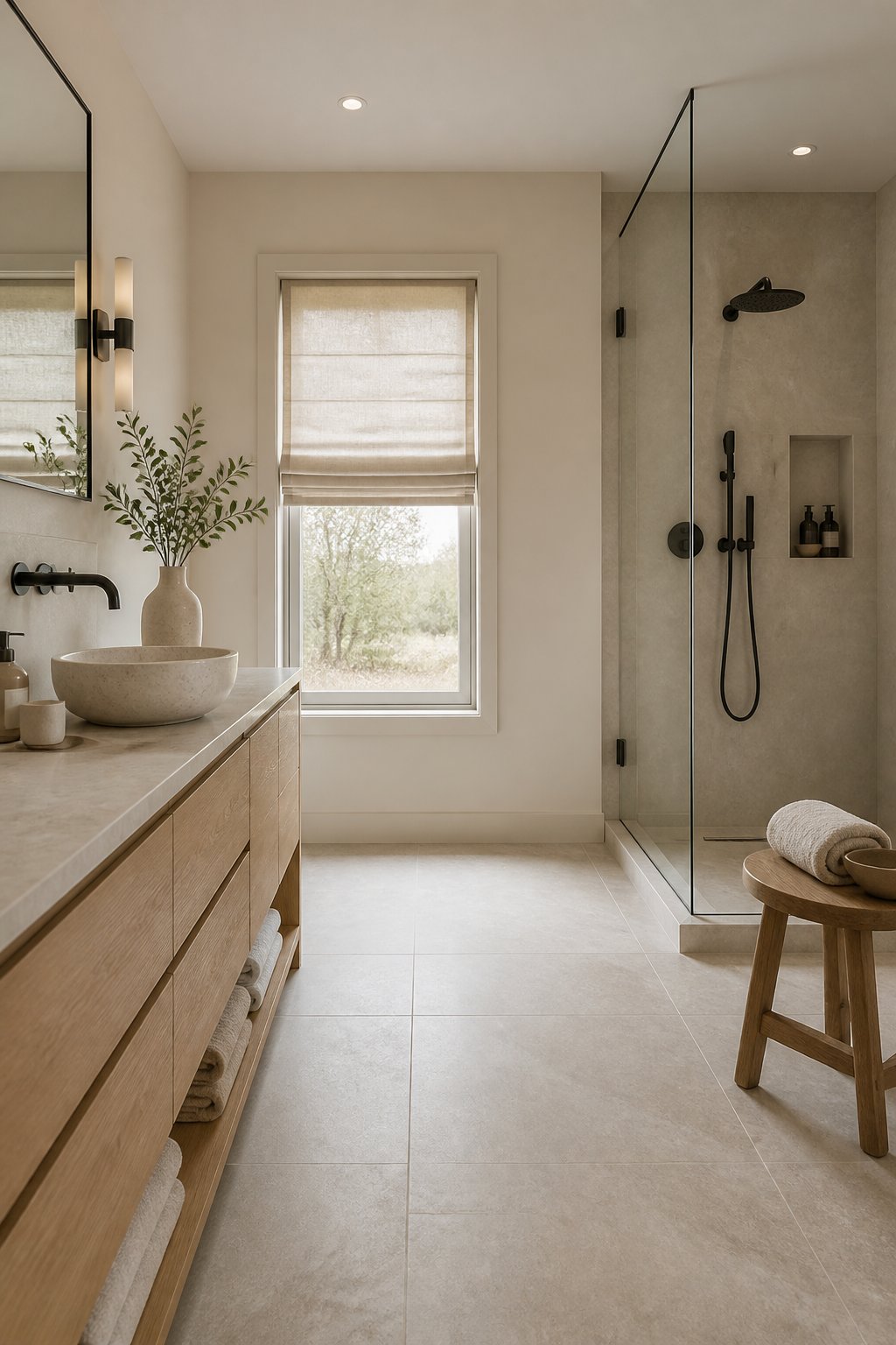 A modern bathroom with light greige walls, stone-look tile, pale wood cabinets, black fixtures, and a window shade.