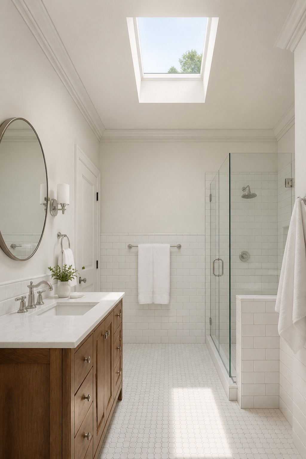 Bright bathroom with a City Loft-colored ceiling, white subway tile, walnut vanity, round mirror, glass shower, and skylight.