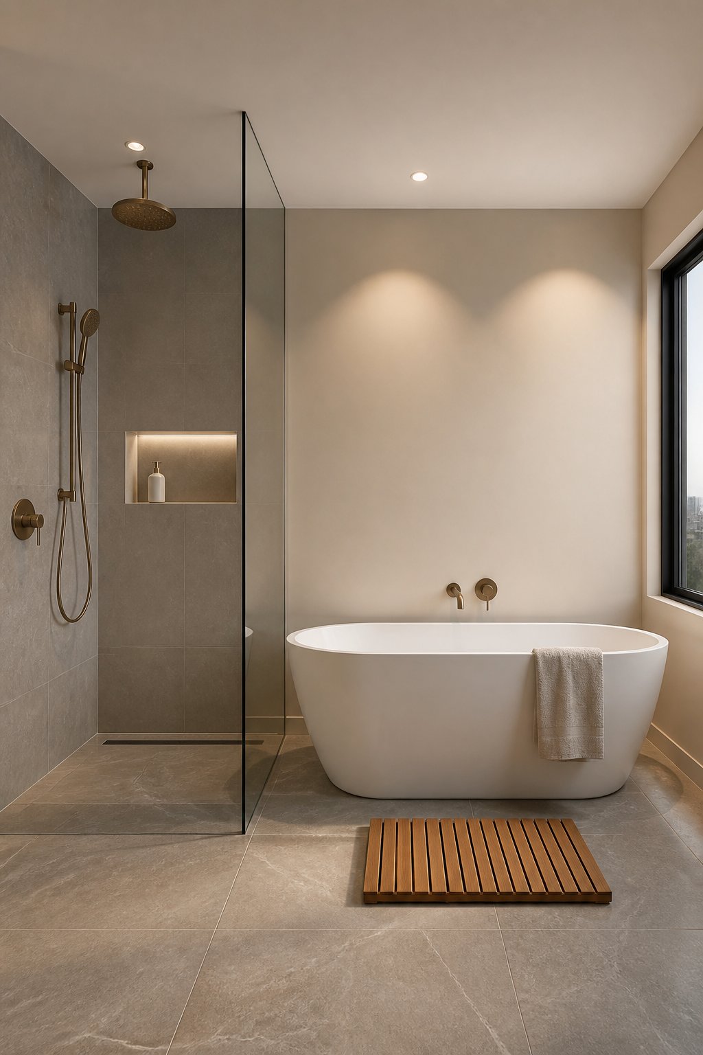 A modern bathroom with a glass-enclosed shower, freestanding bathtub, warm gray tile, and a teak mat.