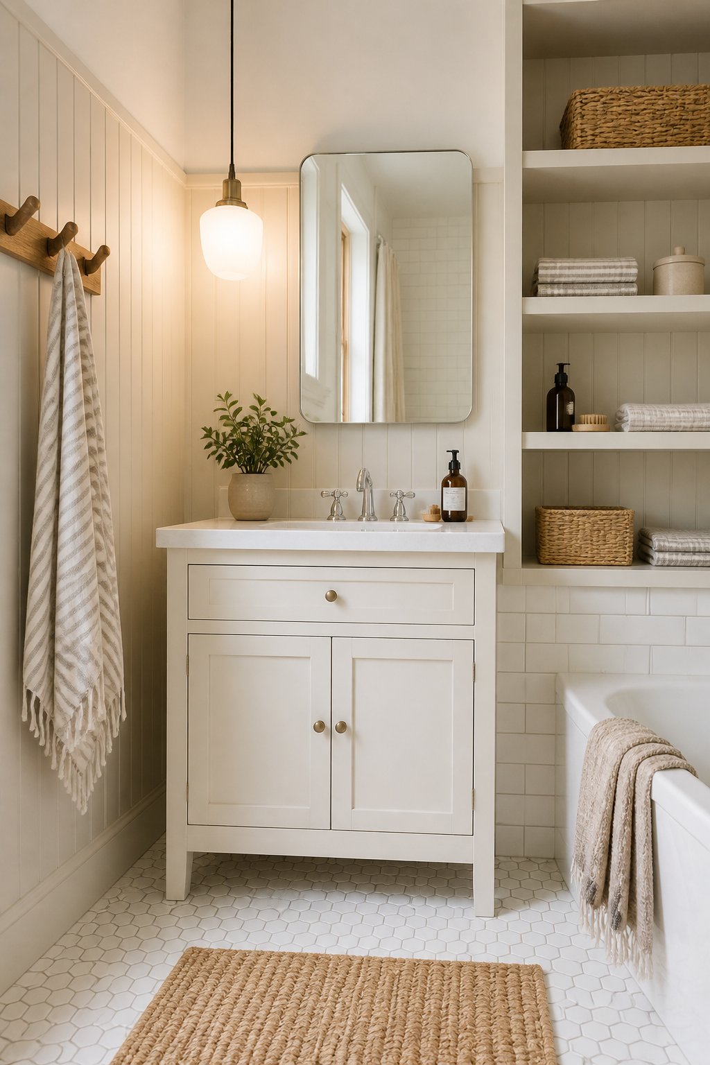A bright cottage-style bathroom with pale greige beadboard walls, a white vanity, open shelves, woven baskets, striped towels, and a leafy plant.